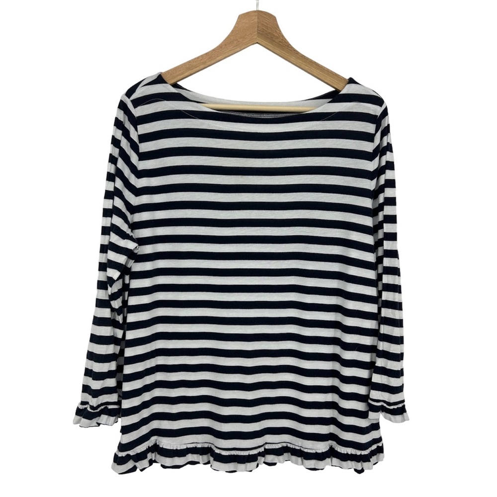 Loft Cotton Striped Navy Blue White Long Sleeve Ruffle Trim Shirt